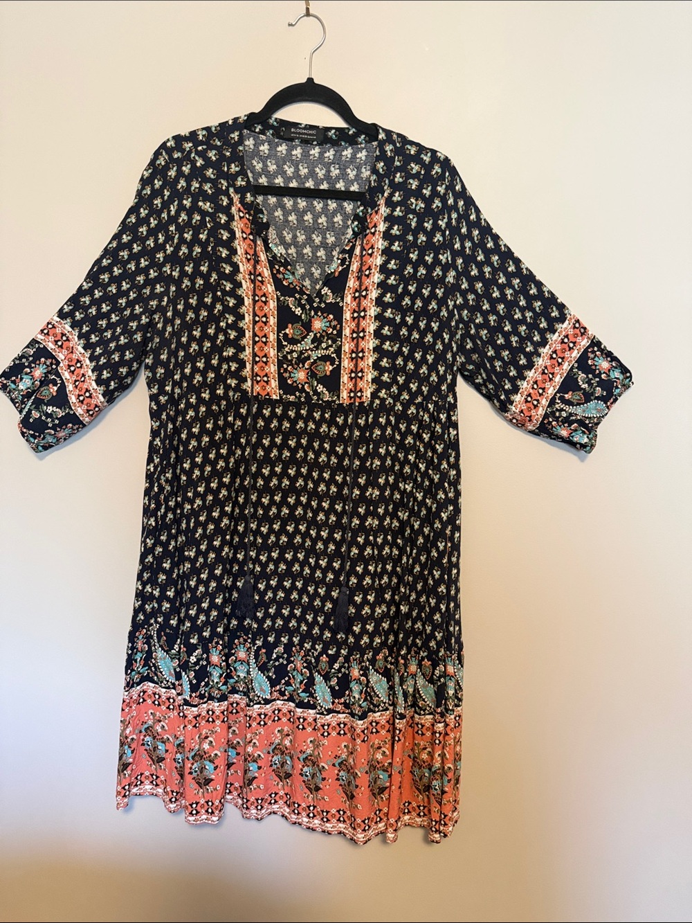 BloomChic Black Midi Dress with Coral & Teal Border Print